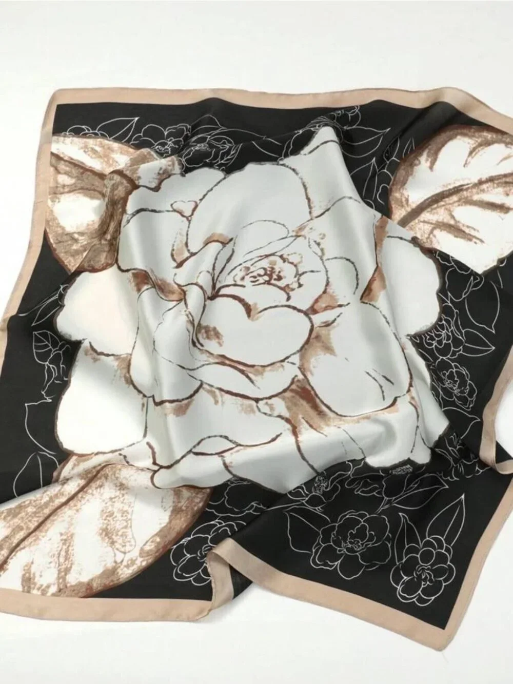 ✨New Elegant Bandana Square Silky Scarf Soft FLORAL BIG ROSE Black Brown Luxury✨